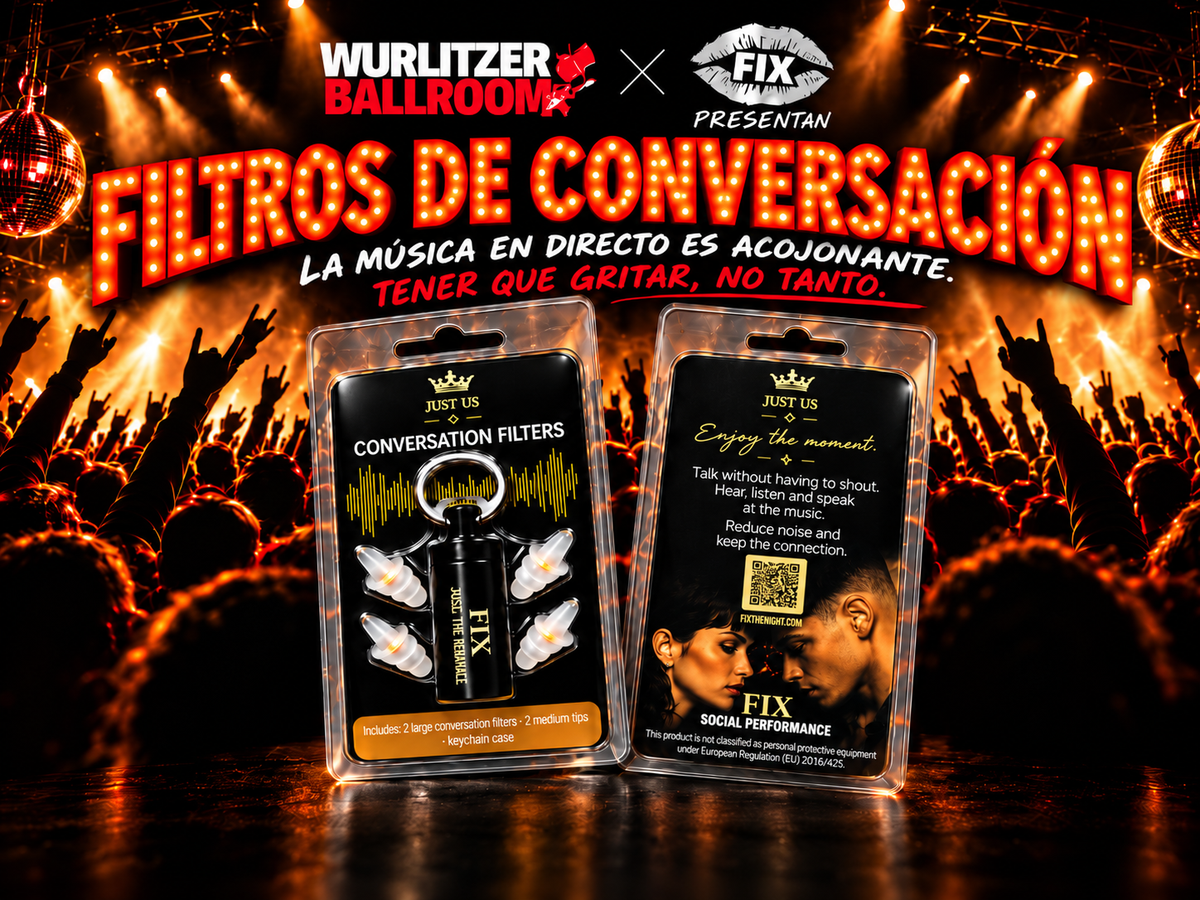 Wurlitzer × FIX presentan Filtros para Conversar: packaging de los tapones premium JUST US sobre un público de concierto, con el lema La música en directo es la hostia. Tener que gritar, no tanto.